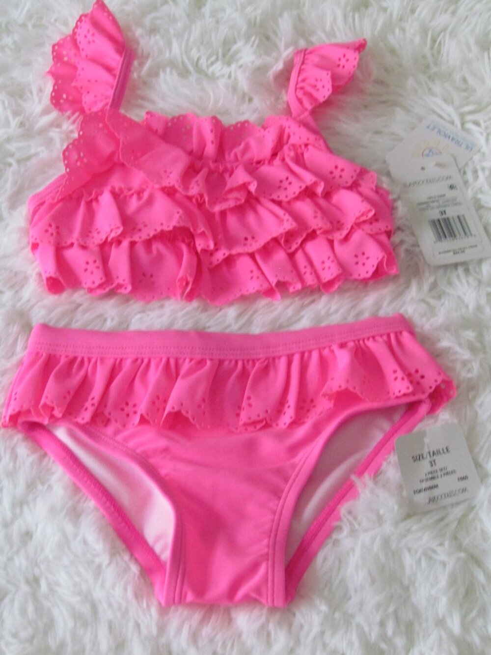 Flapdoodles Little Girls Eyelet Ruffles Neon Pink Two-Piece Swimsuit 3T UPF 50+